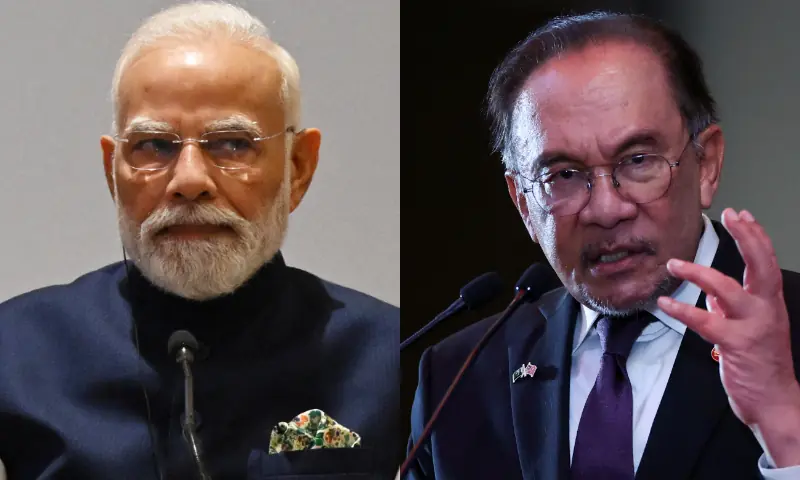 This photo combo shows Malaysia&rsquo;s Prime Minister Anwar Ibrahim speakin at a business and investment conference in Kuala Lumpur on Oct 6, 2025 (R) and India&rsquo;s PM Narendra Modi attending the India-UK CEO Forum at Jio World Convention Centre in Mumbai on October 9, 2025 (L). &mdash; Reuters