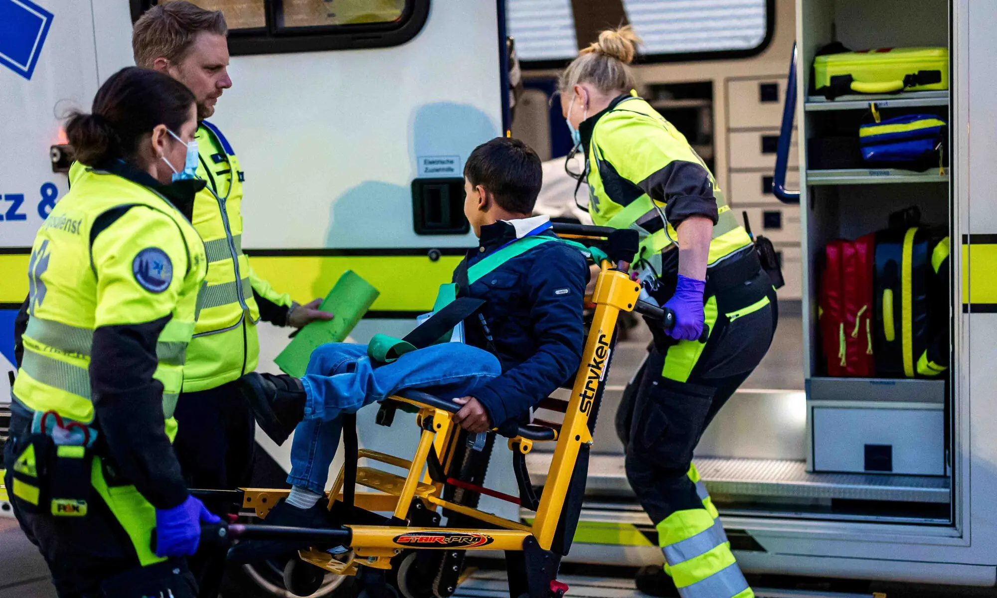 A BOY injured during the Gaza conflict is being taken to an ambulance after landing at Switzerland&rsquo;s Zurich Airport. He and other children will receive medical treatment at cantonal hospitals.&mdash;AFP