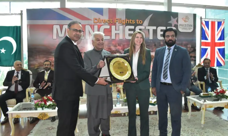 Defence Minister Khawaja Asif and UK High Commissioner in Pakistan Jane Marriott at the inauguration ceremony of PIA flights to Manchester, at Islamabad International Airport on Oct 25, 2025. &mdash; X/KhawajaMAsif