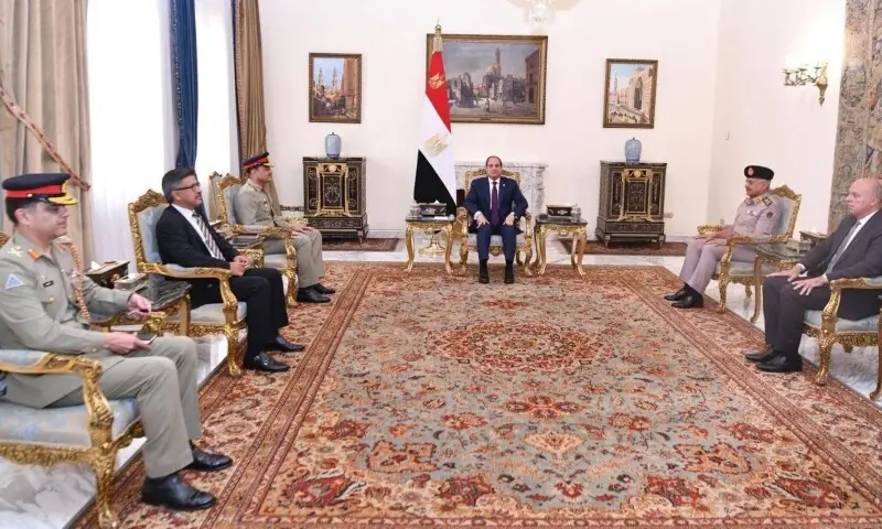 Chief of the Army Staff Field Marshal Syed Asim Munir and Egyptian President Abdel Fattah el‑Sisi in a meeting at the Itihadia Presidential Palace, Cairo, Egypt on Saturday. &mdash; ISPR