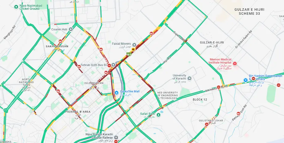 A map of the traffic in Karachi as of 8:33pm. — Google Maps