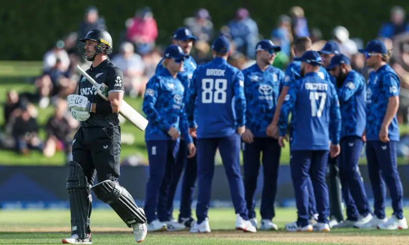 New Zealand&rsquo;s Will Young walks off after being dismissed during the first one-day international (ODI) cricket match between New Zealand and England at Bay Oval in Tauranga on October 26, 2025. &mdash; AFP