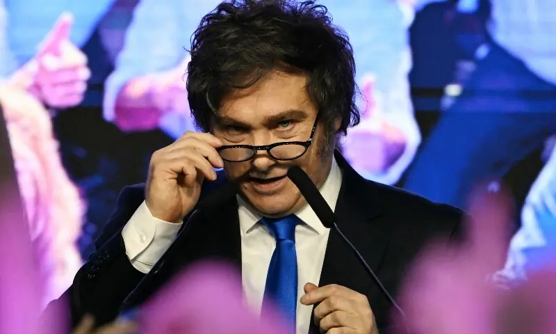 Argentina&rsquo;s President Javier Milei gestures at the ruling party&rsquo;s La Libertad Avanza headquarters following the results of the national midterm legislative election in Buenos Aires on October 26. &mdash;AFP