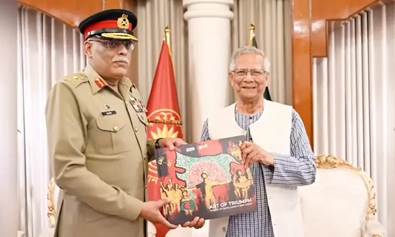 CJCSC Gen Sahir Shamshad meets with Bangladesh Chief Adviser Muhammad Yunus in Bangladesh. &mdash; screengrab via ISPR video released on Oct 27, 2025