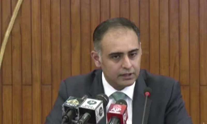 Minister of State for Railways and Finance Bilal Azhar Kayani speaks to the media in Islamabad on October 27. &mdash; DawnNewsTV