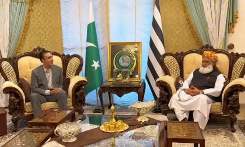 PPP Chairman Bilawal Bhutto-Zardari meets JUI-F chief Maulana Fazlur Rehman on October 27. — Photo via X/@MediaCellPPP PPP Chairman Bilawal Bhutto-Zardari meets JUI-F chief Maulana Fazlur Rehman on October 27. — Photo via X/@MediaCellPPP