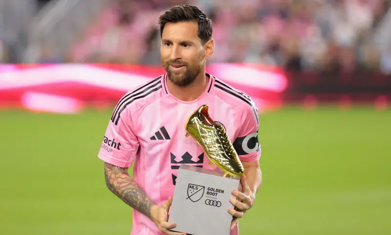 Inter Miami CF forward Lionel Messi (10) is presented with the MLS Golden Boot for the most goals scored during the regular season before the game against Nashville SC at Chase Stadium on Oct 24, 2025 at Fort Lauderdale, Florida, USA. &mdash; Reuters