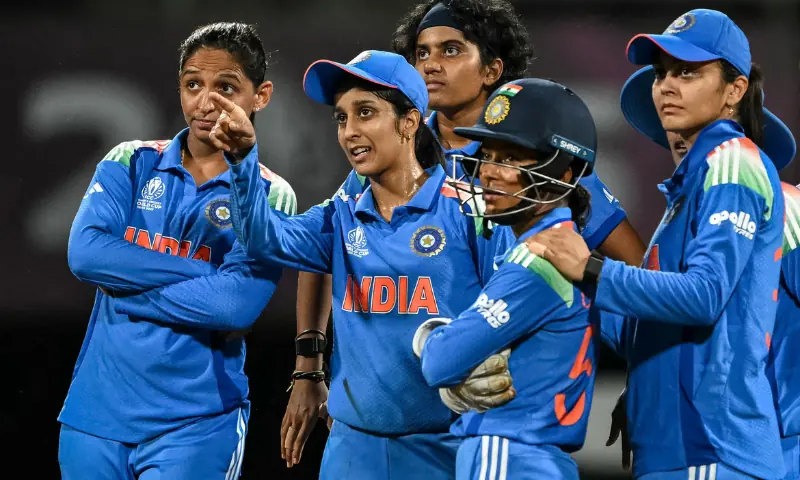 India&rsquo;s Jemimah Rodrigues (2L) speaks with captain Harmanpreet Kaur (L) as they wait for a DRS (decision review system) against Bangladesh&rsquo;s Sobhana Mostary during the ICC Women&rsquo;s Cricket World Cup 2025 one-day international (ODI) match between India and Bangladesh at the DY Patil Stadium in Navi Mumbai on October 26, 2025. &mdash; AFP