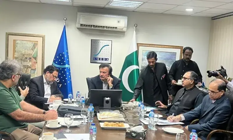 In this file photo, Special Assistant to Prime Minister for Industries and Production Haroon Akhtar Khan chairs a meeting with meat exporters. &mdash; APP/File