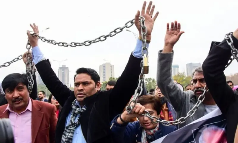 Journalists rally against what they call, curbing press freedom and controlling the digital landscape, during a protest in Islamabad on January 28, 2025. &mdash; Reuters