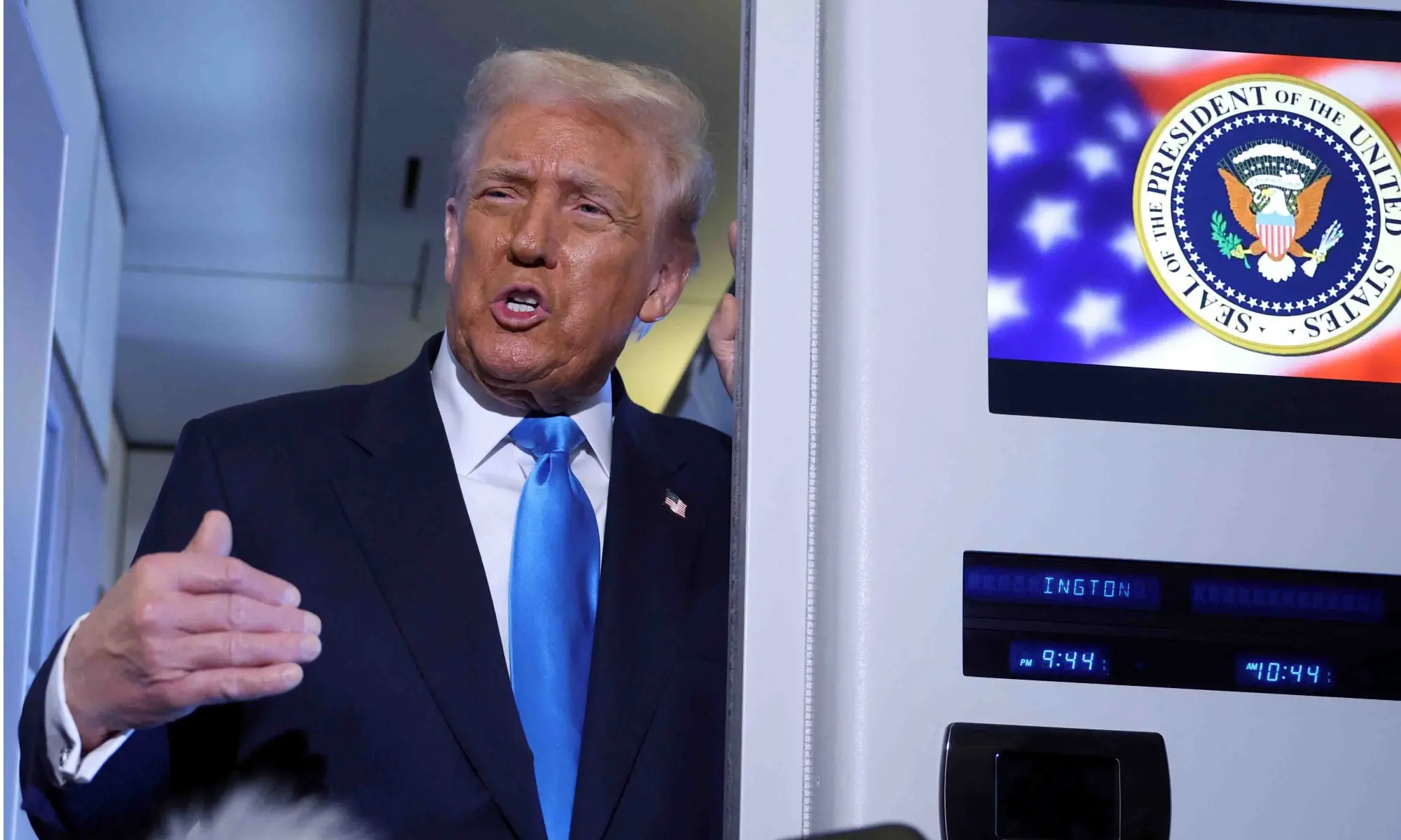US President Donald Trump speaks to members of the media on board Air Force One en route to South Korea, October 29. &mdash; Reuters