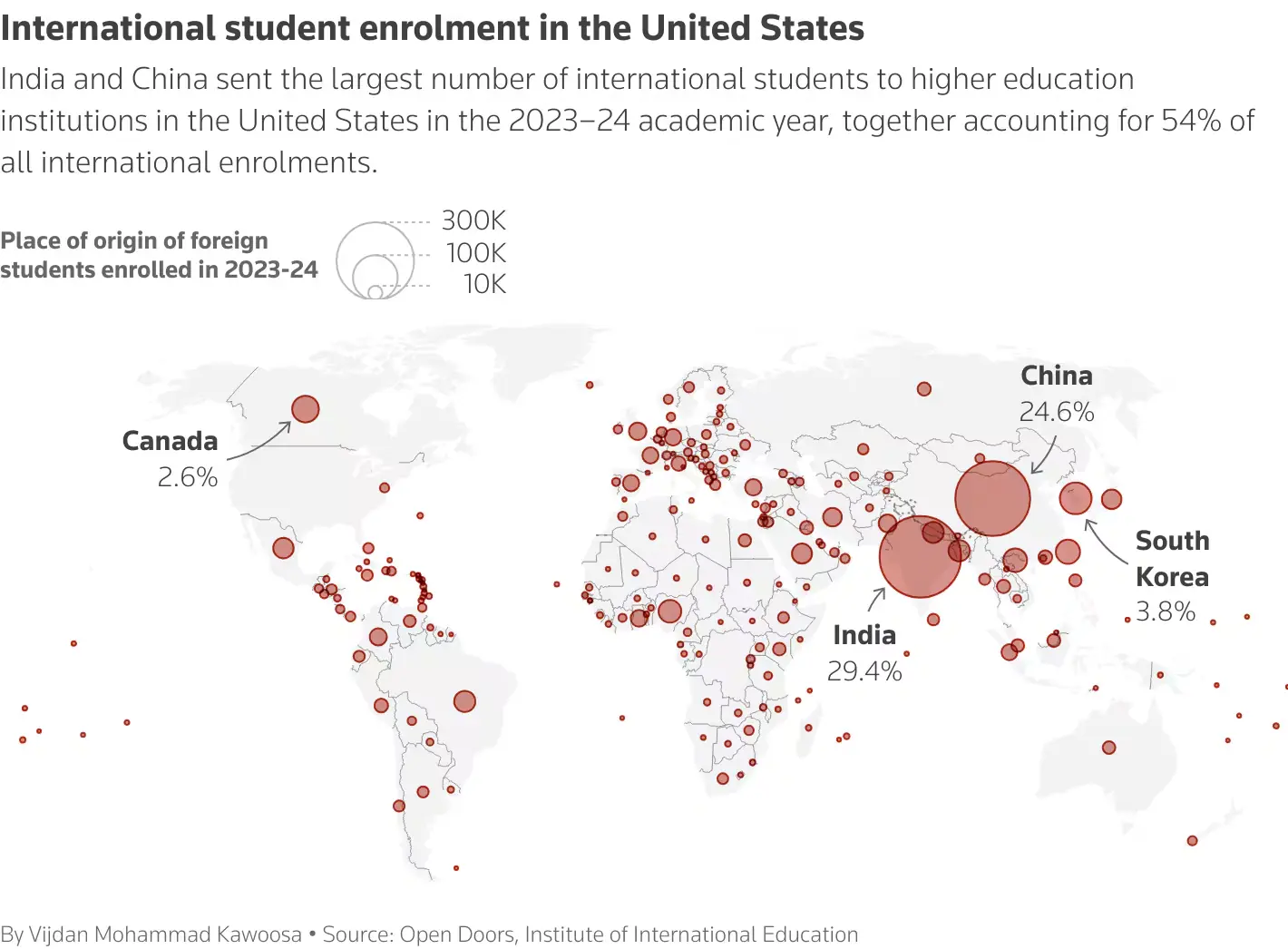     The map shows the place of origin of all foreign students enrolled in higher education institutions in the United States in the 2023-24 academic year, based on data from Open Doors and the Institute of International Education. – Vijdan Mohammad Kawoosa via Reuters 