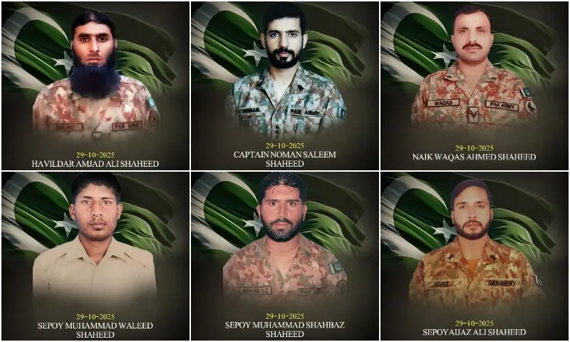 (From L-R) A collage of Havaldar Amjad Ali, Captain Noman Saleem, Naik Waqas Ahmed and sepoys Muhammad Waleed, Muhammad Shahbaz and Aijaz Ali, who were martyred in an operation in KP&rsquo;s Kurram district on October 29. &mdash; Photos courtesy ISPR