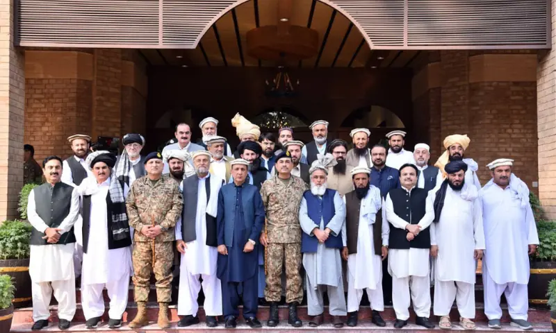 Chief of the Army Staff (COAS) Field Marshal Syed Asim Munir meets a jirga of tribal elders in Peshawar on October 30. &mdash; ISPR