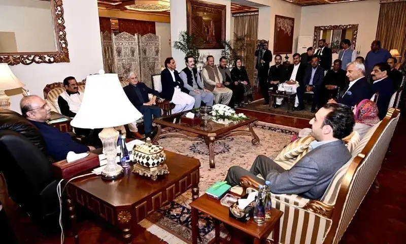 A PPP delegation from Azad Jammu and Kashmir calls on President Asif Ali Zardari in Islamabad on October 25. Bilawal Bhutto-Zardari, the party&rsquo;s chairman, is also seen.&mdash; Photo via X/@MediaCellPPP