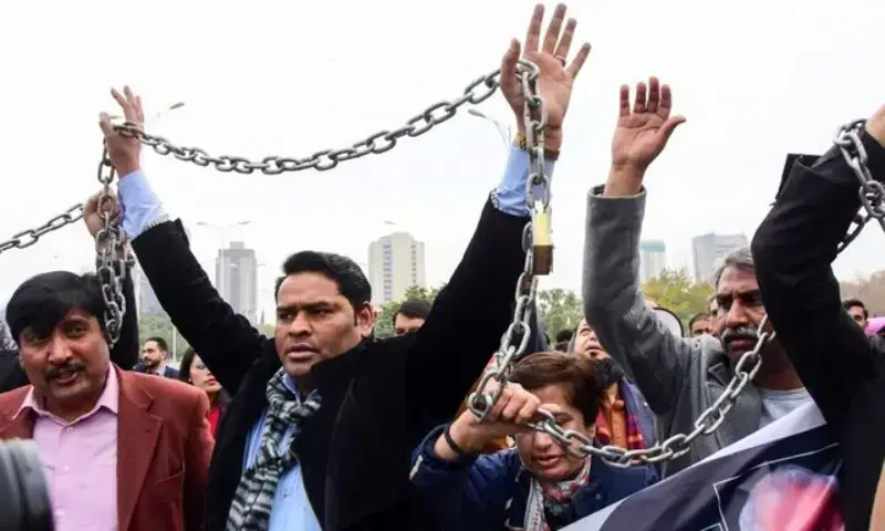 Journalists rally against what they call, curbing press freedom and controlling the digital landscape, during a protest in Islamabad on January 28, 2025. &mdash; Reuters