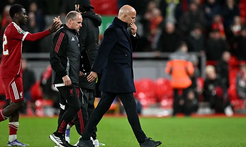 Liverpool manager Arne Slot reacts following the English League Cup fourth-round match against Crystal Palace at Anfield in Liverpool on on October 29, 2025.&mdash;AFP