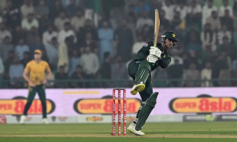 Pakistan opener Saim Ayub hits a six during the second Twenty20 International against South Africa at the Gaddafi Stadium on October 31, 2025.—M. Arif/White Star Pakistan opener Saim Ayub hits a six during the second Twenty20 International against South Africa at the Gaddafi Stadium on October 31, 2025.—M. Arif/White Star