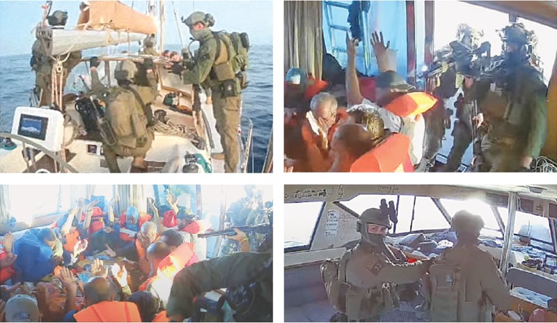 THESE screengrabs, taken from livestream videos, show Israeli forces boarding the Gaza-bound vessels Oxygono, Florida and Captain Nikos, which were part of the Global Sumud Flotilla. Former Jamaat senator Mushtaq Ahmed was among at least eight Pakistani citizens captured by Israeli forces after they intercepted the aid convoy. Tel Aviv says the activists will be deported to European nations.&mdash;Reuters