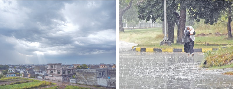  Dark clouds hang over Islamabad while a woman holds her child as she crosses a road during rain on Friday. &mdash; APP &amp; Online 