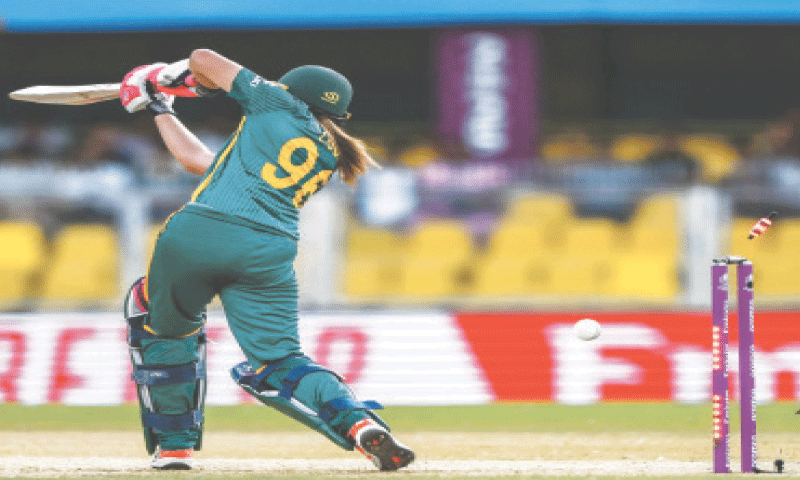 GUWAHATI: South African batter Sune Luus is clean bowled by England pacer Lauren Bell during their Women’s World Cup match at the Barsapara Cricket Stadium on Friday.—AFP GUWAHATI: South African batter Sune Luus is clean bowled by England pacer Lauren Bell during their Women’s World Cup match at the Barsapara Cricket Stadium on Friday.—AFP