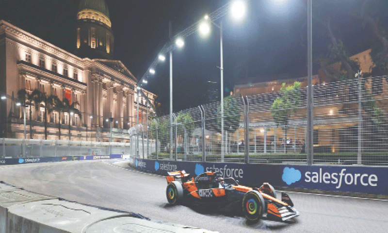 McLaren&rsquo;s Oscar Piastri of Australia competes during practice for the Formula One Singapore Grand Prix at the Marina Bay Street Circuit on Friday.&mdash;Reuters