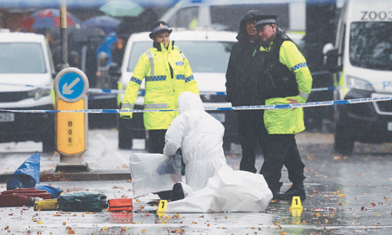 Police and forensic teams work outside the Manchester synagogue. The attack has been declared a terrorist incident by the authorities.—Reuters Police and forensic teams work outside the Manchester synagogue. The attack has been declared a terrorist incident by the authorities.—Reuters