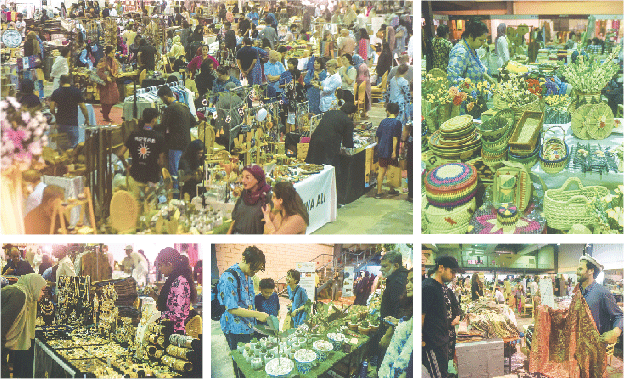  (Clockwise from top left) Huge crowds throng the exhibition at Karachi Expo Centre on its opening day; cane and straw baskets on display at one of the 200 stalls; a man displays a beautiful shawl at a Gilgit stall; cacti impress nature lovers at another stall; and, all that glitters may not be gold but it sure is pretty enough to love and behold.&mdash;Fahim Siddiqi / White Star   