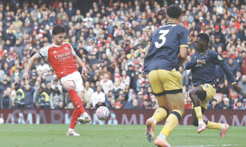 LONDON: Arsenal&rsquo;s Declan Rice shoots to score during the Premier League match against West Ham United at the Emirates Stadium 
on Saturday.&mdash;Reuters