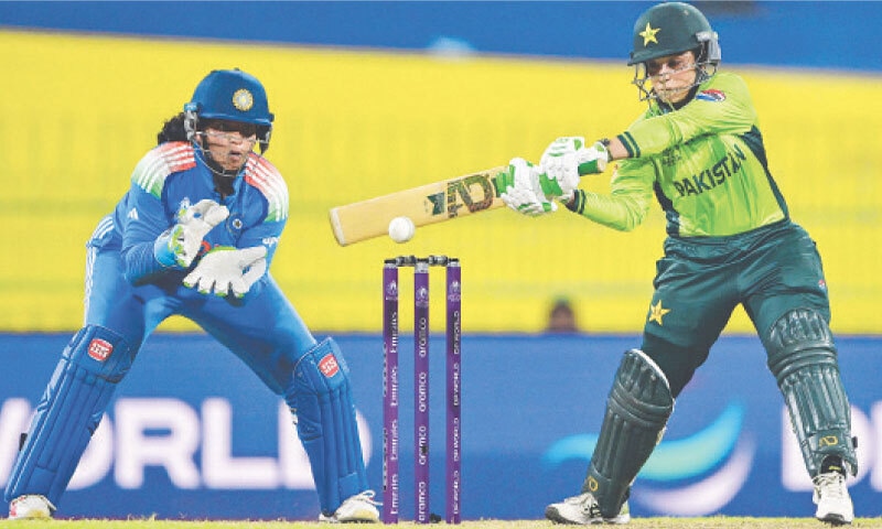 COLOMBO; Pakistan batter Sidra Amin plays a shot during the ICC Women&rsquo;s World Cup match against India at the 
R. Premadasa International Stadium on Sunday.&mdash;AFP