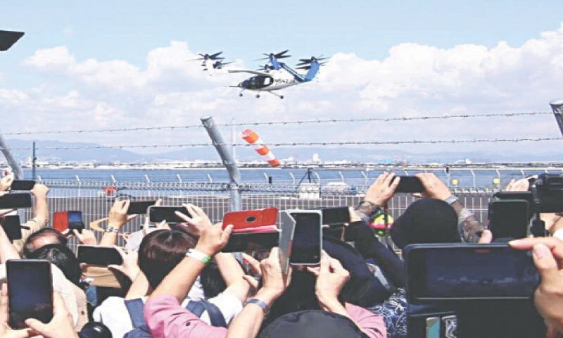 A test flight of a so-called flying car is shown to the public at the 2025 Osaka-Kansai Expo.&mdash;Courtesy The Japan News