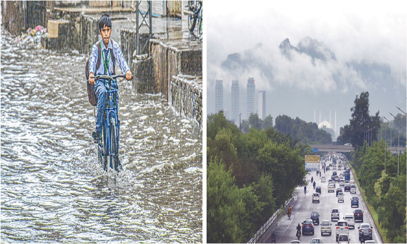 A student rides his bicycle on a street inundated with rainwater in Rawalpindi while the other picture shows clouds hovering over Margalla Hills in Islamabad on Monday. &mdash; Photos by Mohammad Asim & INP