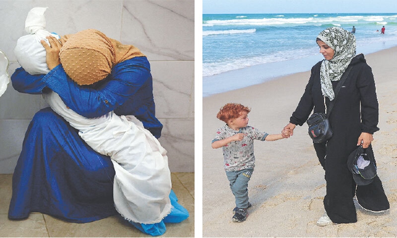 PALESTINIAN woman Inas Abu Maamar (Left) embraces the body of her five-year-old niece Saly, who was killed in an Israeli strike at Nasser hospital, in Khan Yunis, on Oct 17, 2023. (Right) Inas walks on a beach with her nephew Ahmed, Saly&rsquo;s brother, near a tent camp where they took shelter after being displaced from their home.&mdash;Reuters