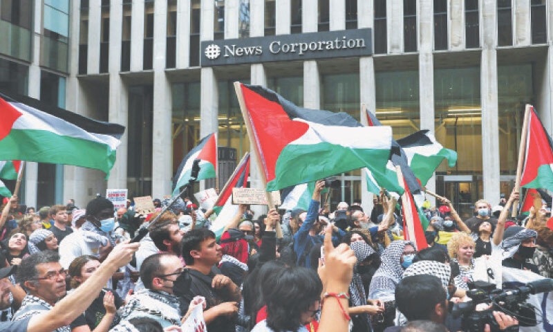 NEW YORK: Pro-Palestinian activists stage a protest demonstration at the Newscorp headquarters against the Israeli war that Gaza&rsquo;s health authorities say killed more than 67,000 and displaced two million Palestinians in over two years.&mdash;AFP