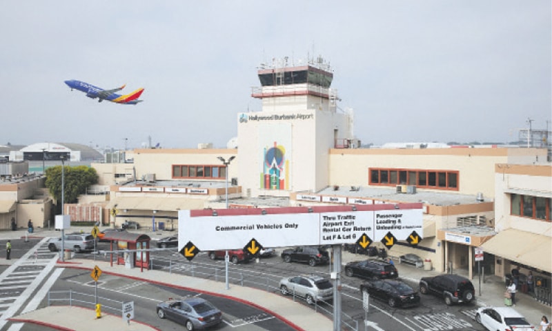 A PLANE takes off from California&rsquo;s Hollywood Burbank Airport as operations resumed on Wednesday. The airport operated for hours without a staffed control tower due to staffing shortages. &mdash; Reuters