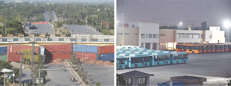  Containers have been placed at Faizabad Interchange to block entry into Islamabad while electric as well as Orange Line buses are parked in H-9 depot as the bus service remained suspended ahead of TLP&rsquo;s planned march on Friday. &mdash; Photos by Mohammad Asim 