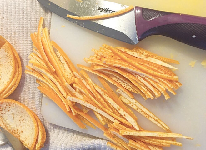 Orange peels neatly cut into juliennes