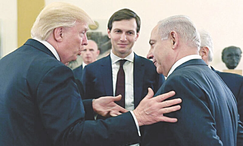 US President Donald Trump (left) and his son-in-law Jared Kushner (centre) meet with the Israeli Prime Minister Benjamin Netanyahu on May 22, 2017 in Jerusalem, Israel: during Trump’s first term in office, Kushner was seen as the point person for resolving the Israel-Palestine conflict, and Trump chose to send Kushner to the ceasefire talks that began on October 6, 2025 in Egypt | AFP