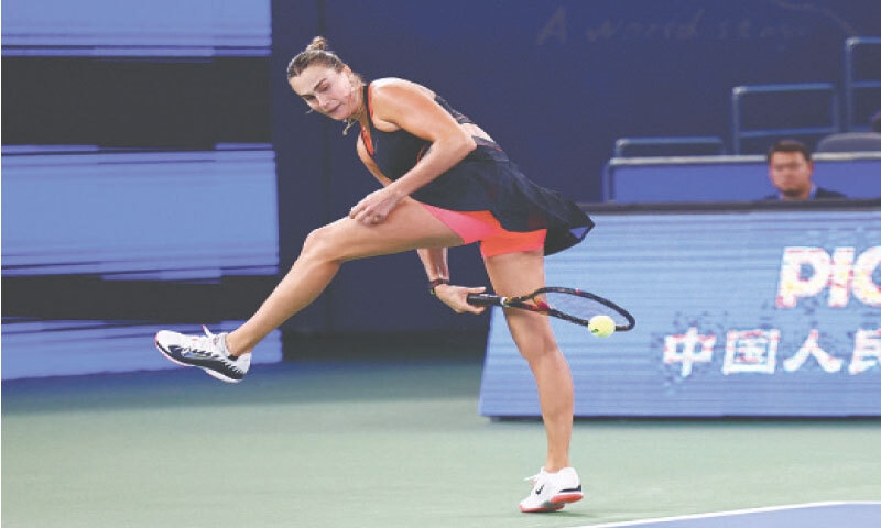 WUHAN: Belarus&rsquo; Aryna Sabalenka hits a return to Jessica Pegula of the US during the Wuhan Open semi-final at the Optics Valley International Tennis Center on Saturday.&mdash;Reuters