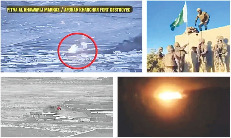 A COMBO of images (clockwise) shows the Pakistani forces targeting Kharchar Fort; Pakistan Army personnel raising the flag at an Afghan post near South Waziristan border area; explosion after a strike in Afghanistan; and an attack on Angoor Adda border post.&mdash;Screengrab via X/PTVNewsOfficial