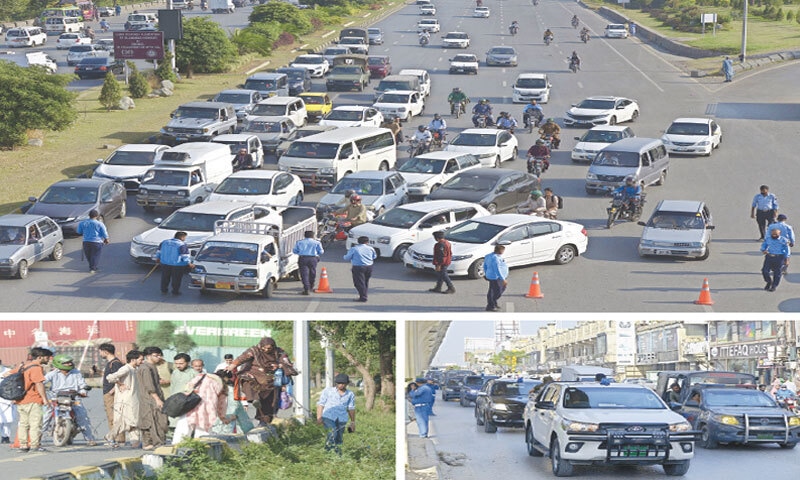 (Clockwise from top) Police officials check vehicles on Islamabad Expressway, a flag march is being conducted by Punjab police on Murree Road in Rawalpindi while people walk to their destination near Faizabad Interchange on Monday. Many areas in the twin cities had been barricaded ahead of the TLP protest. &mdash; Photos by Mohammad Asim