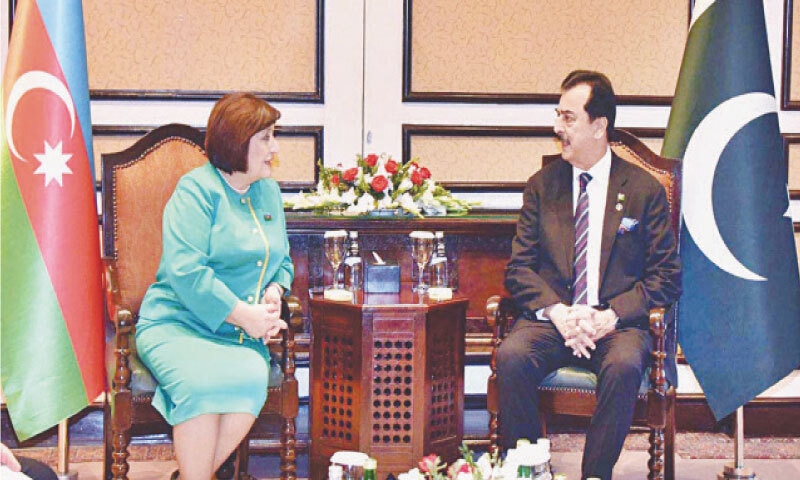 Senate Chairman Syed Yousaf Raza Gilani in conversation with Speaker of the Milli Majlis of Azerbaijan Sahiba Gafarova in Islamabad on Tuesday. &mdash; APP
