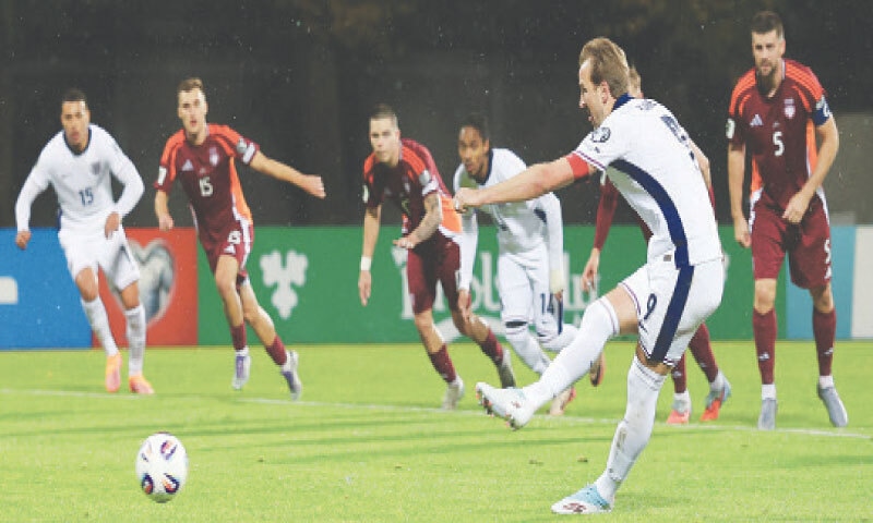 RIGA: England&rsquo;s Harry Kane scores during the World Cup qualifier against Latvia at the Daugava Stadium.&mdash;Reuters