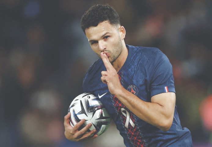 PARIS: Paris St Germain&rsquo;s Goncalo Ramos celebrates after scoring during the Ligue 1 match against RC Strasbourg at the Parc des Princes. &mdash;Reuters