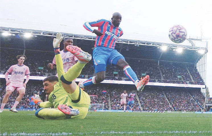 LONDON: Crystal Palace’s Jean-Philippe Mateta scores during the Premier League match against Bournemouth at Selhurst Park on Saturday.—Reuters