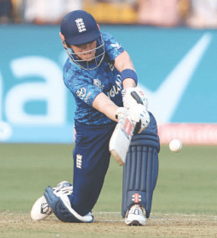 England batter Heather Knight plays a shot during the Women&rsquo;s World Cup match against India at the Holkar Cricket Stadium on Sunday.&mdash;Reuters
