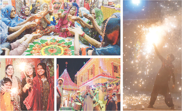  (Clockwise from top left) Women gather around a colourful Rangoli design and light earthen lamps in Hyderabad; a boy lights a sparkling cracker at Karachi&rsquo;s Shri Swaminarayan Mandir; and, a band performs in front of the illuminated Durga Shiva Mandir in Hyderabad, where a group of girls light firecrackers to celebrate Diwali on Monday.&mdash;Umair Ali / Fahim Siddiqi / PPI / APP 