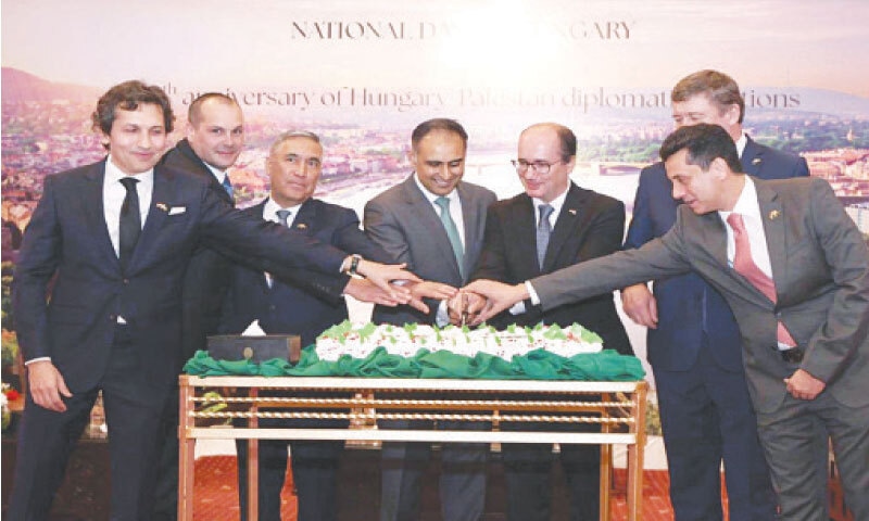 Minister of State for Finance Bilal Azhar Kayani and Hungarian Ambassador Zolt&aacute;n Varga cut a cake at a ceremony held to celebrate the country&rsquo;s national day and the 60th anniversary of diplomatic relations between the two countries in Islamabad on Tuesday night. &mdash; White Star