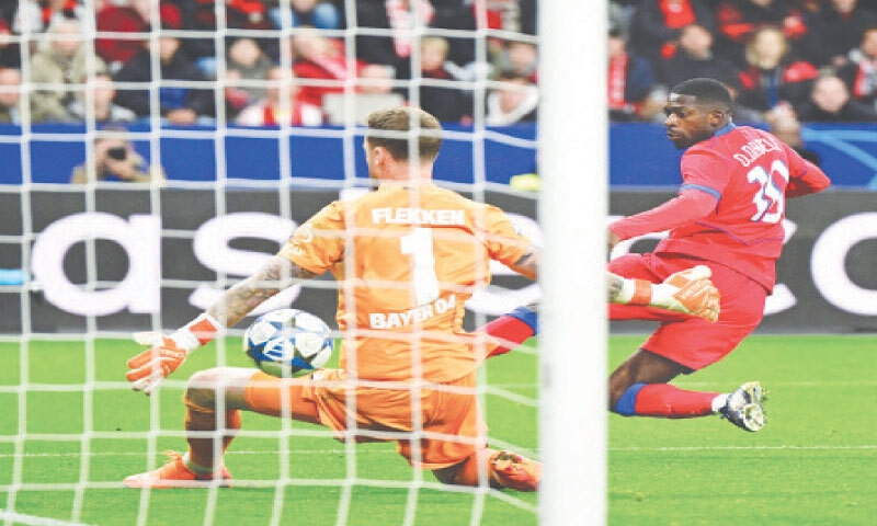 LEVERKUSEN: Paris Saint-Germain&rsquo;s Ousmane Dembele scores during the Champions League match against Bayer Leverkusen at the BayArena.&mdash;AFP