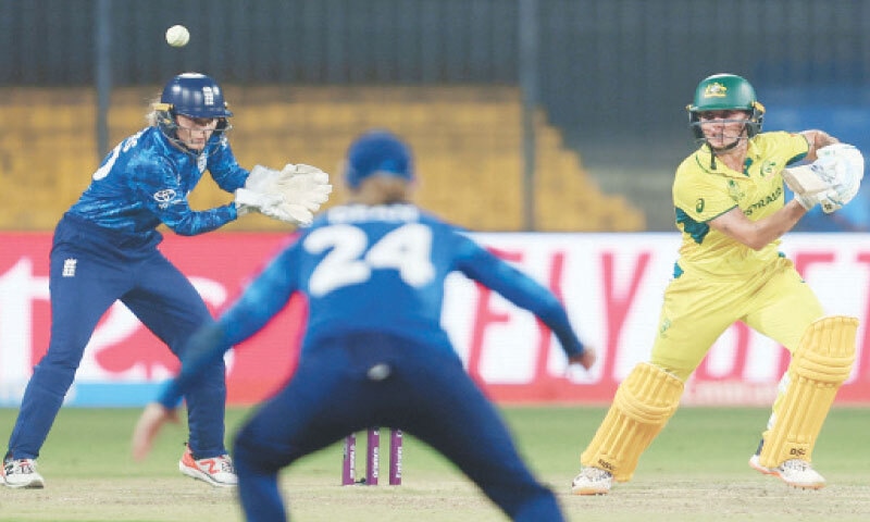 AUSTRALIAN batter Ashleigh Gardner in action during the Women&rsquo;s World Cup match against England at the Holkar Cricket Stadium on Wednesday.&mdash;Reuters